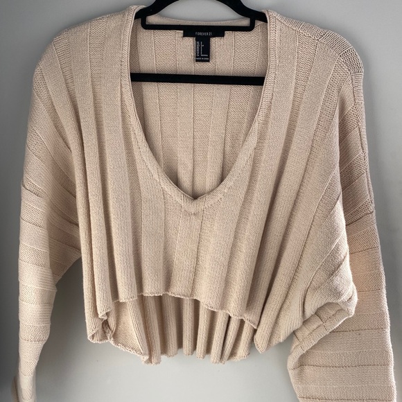 Cream v neck ribbed cropped f21 sweater - Picture 3 of 6
